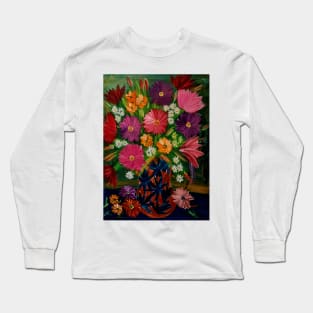 Some abstract mixed flowers in a metallic  bronze  and green leaf vase Long Sleeve T-Shirt